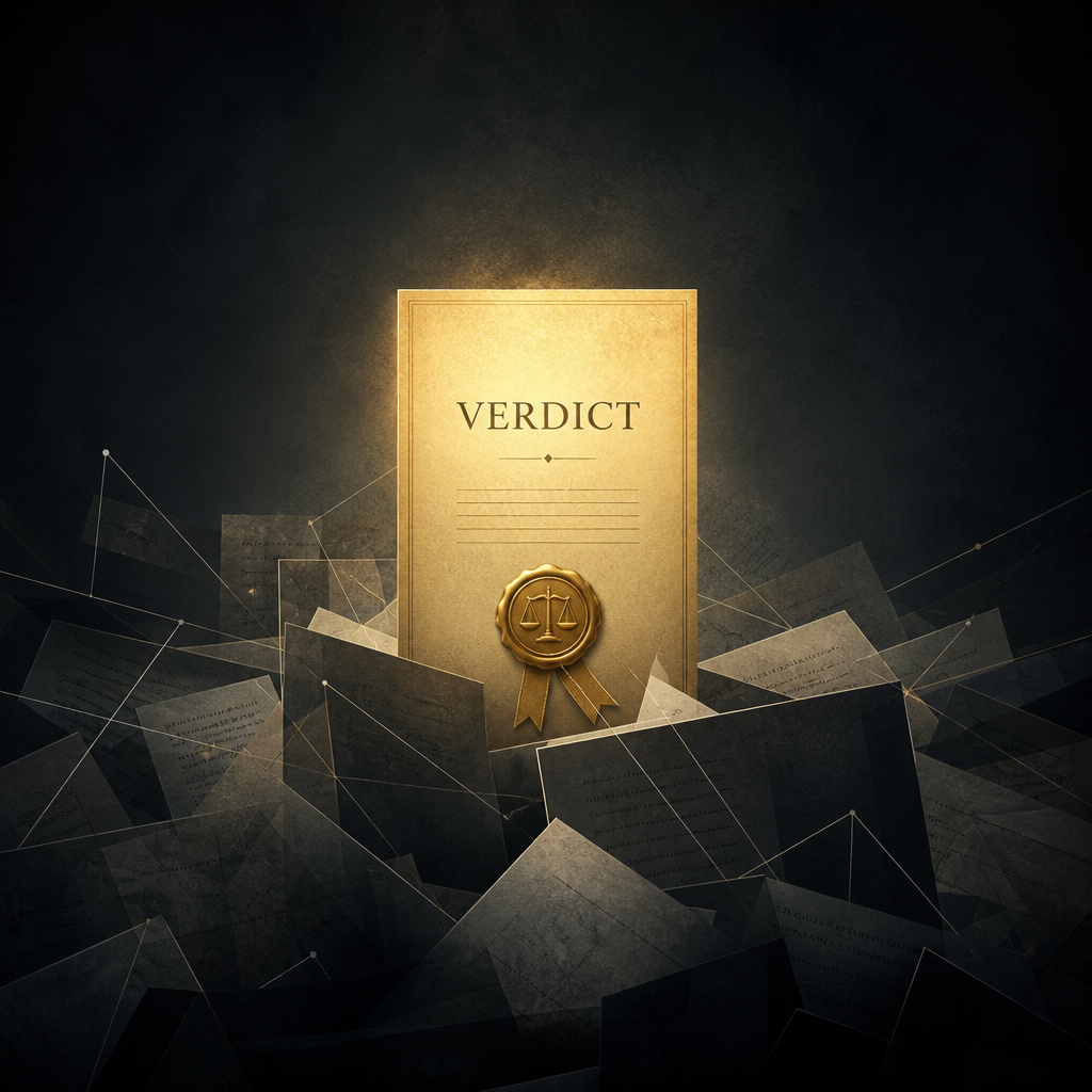 Abstract illustration of a clear verdict emerging from complexity